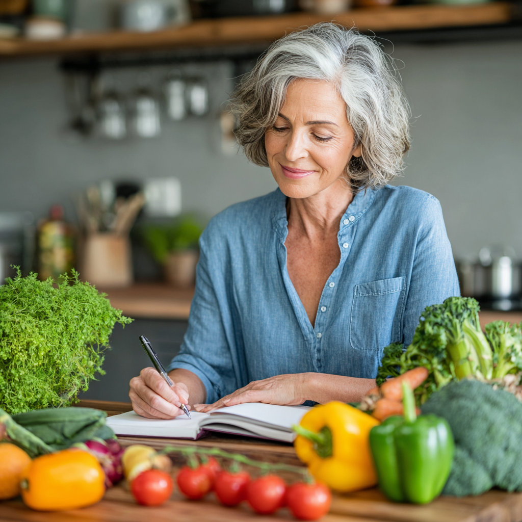 Middle-aged woman planning healthy meals with fresh vegetables and notebook